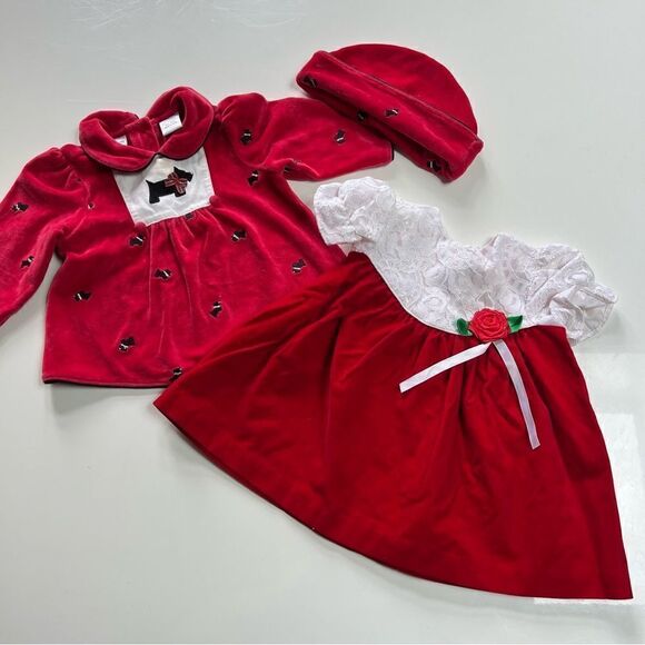 TWO Vintage 1990s Red Velvet Baby Dresses Lacey Floral Schnauzer Dog with Hat - Picture 2 of 13